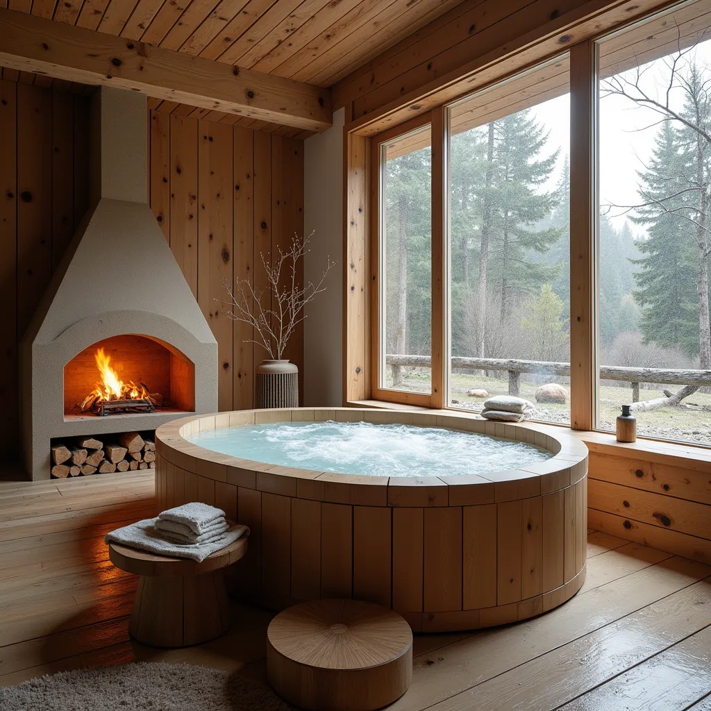 Un bain norvégien en bois dans un intérieur chaleureux avec vue sur la forêt. L'association parfaite avec un poêle norvégien et une cheminée pour une détente absolue.
