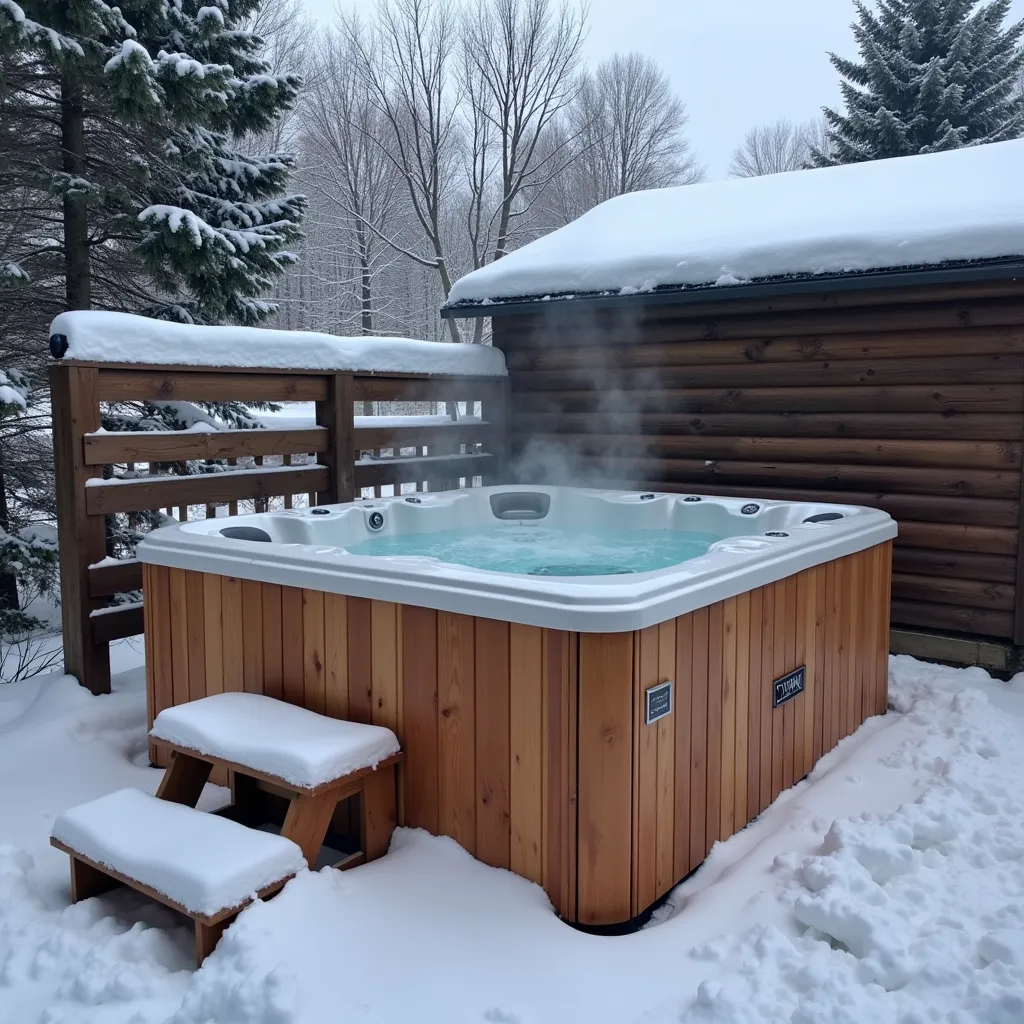 Jacuzzi extérieur en bois fonctionnant en hiver, entouré de neige, offrant une expérience de détente et de bien-être en plein air dans un cadre hivernal.