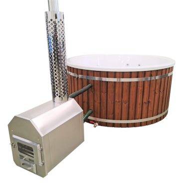 Bain nordique en bois avec poêle à bois et couvercle thermique, spa scandinave extérieur pour détente et relaxation en plein air
