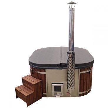 Bain nordique en bois avec poêle à bois et couvercle thermique, spa scandinave extérieur pour détente et relaxation en plein air