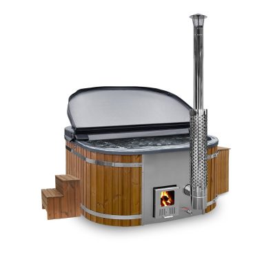 Bain nordique en bois avec poêle à bois et couvercle isolant, jacuzzi extérieur scandinave avec chauffage au bois, détente et relaxation