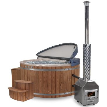 Bain nordique extérieur en bois avec poêle à bois et couvercle isotherme, idéal pour détente et relaxation en plein air, spa scandinave