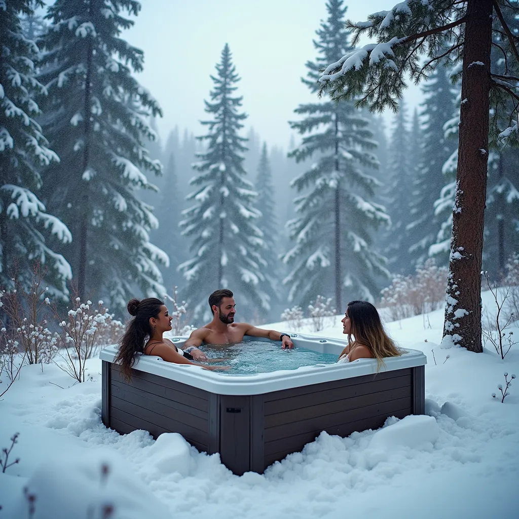 Découvrez le plaisir d'un bain nordique en pleine nature, entouré d'une forêt enneigée. Un moment de détente en hiver dans un spa extérieur avec vos amis, profitant de la chaleur du bain au milieu du froid hivernal.