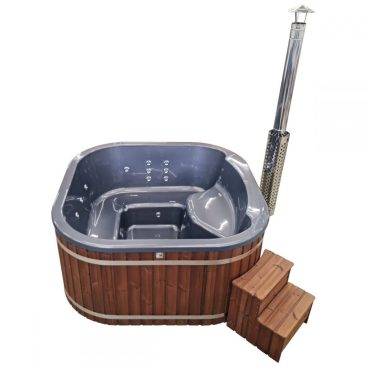 Spa Carré en Bois avec Poêle à Bois Intégré, Finition Intérieure Grise et Jets d'Eau pour une Expérience de Détente en Extérieur.