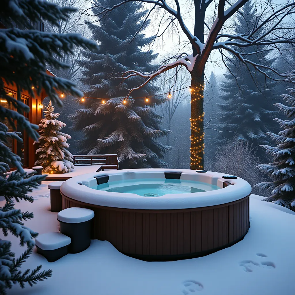 Bain nordique rond extérieur en hiver avec neige