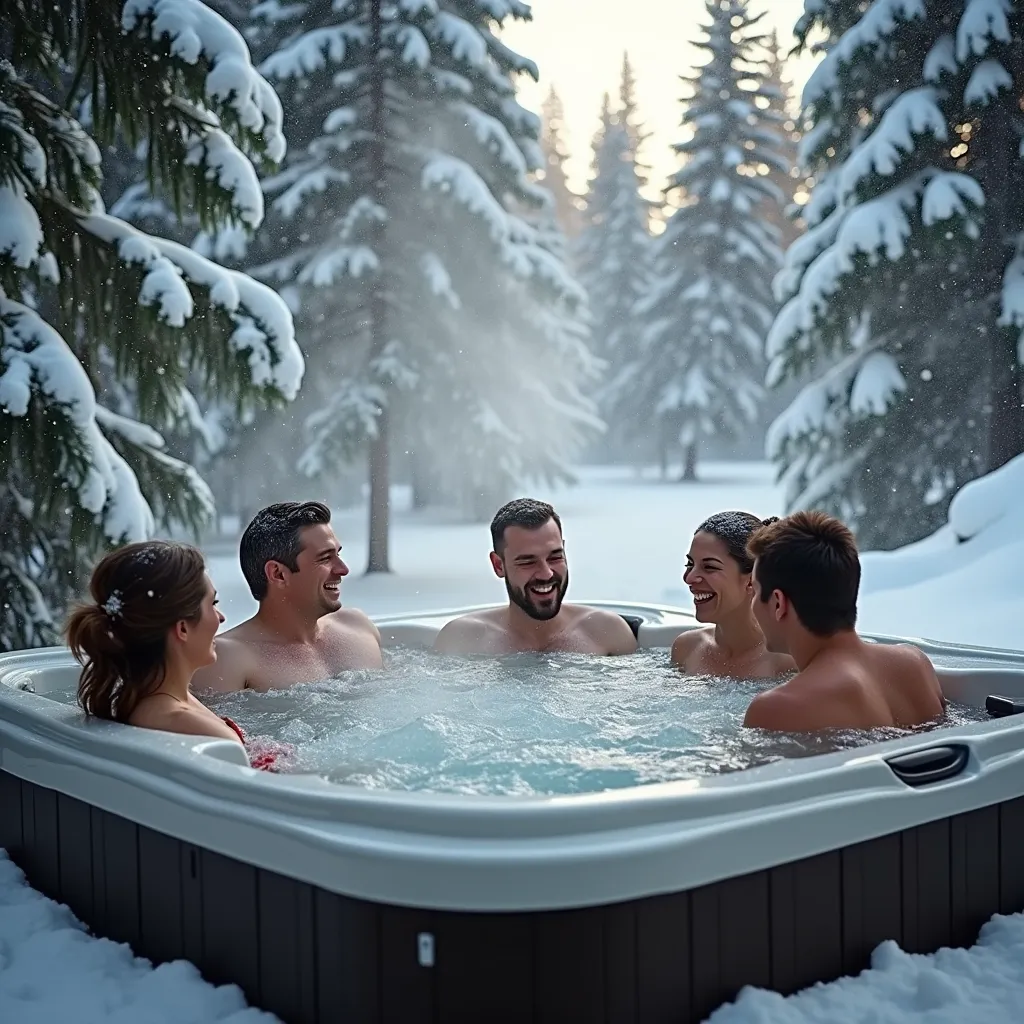 A tranquil scene of a bain nordique, crafted from cèdre rouge, nestled in the heart of a snowy forest. This jacuzzi en bois offers a serene and rejuvenating experience, emphasizing the wellness benefits of soaking in a hot tub amidst nature's wintery embrace.