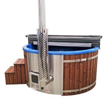 Image of a luxurious Nordic spa bath showcasing a vibrant blue tub, complemented by an insulating cover and a sleek chimney, exuding a sense of relaxation and Scandinavian elegance.