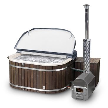 Image d'un spa carré blanc minimaliste en bois naturel.