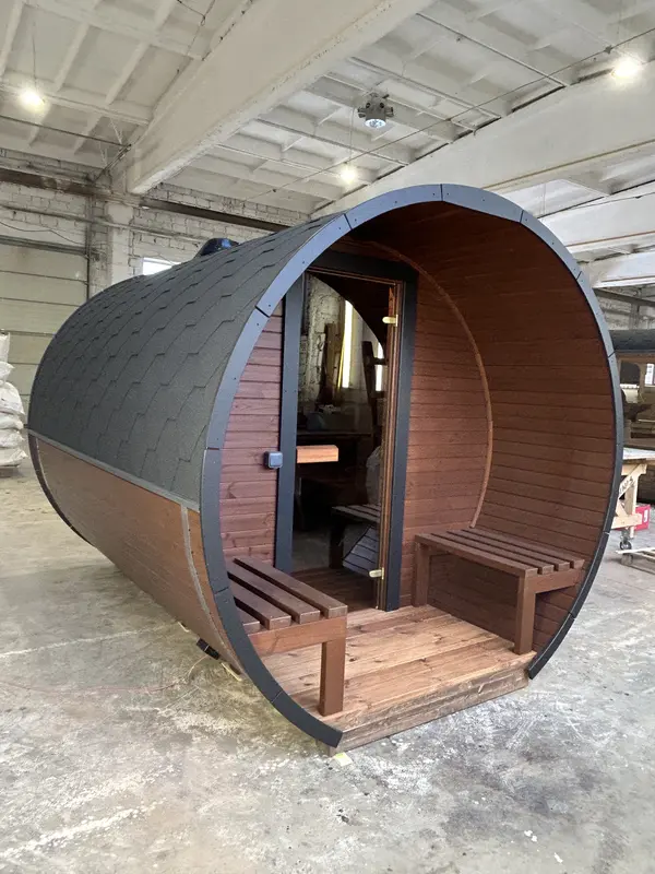 Intérieur du sauna tonneau 3 m avec banquettes éclairées