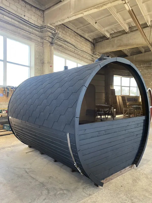 Sauna tonneau 3 m Relax en bois gris clair, vue latérale