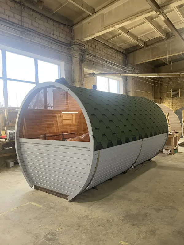 Sauna tonneau 4 m bicolore (gris et vert) avec porte vitrée