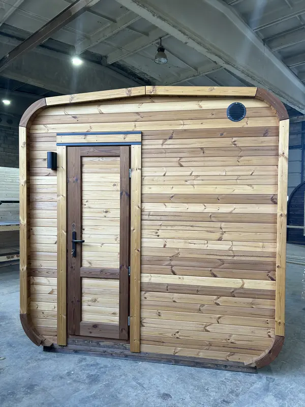 Vue avant d’un sauna cube 5 m, porte vitrée étroite encadrée de lambris clair et orifice de ventilation.
