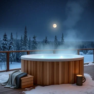 Un bain nordique en bois entouré d'une forêt enneigée sous un ciel étoilé, avec de la vapeur s'élevant de l'eau chaude et des lumières LED douces créant une ambiance apaisante.